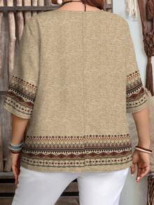 Mellowie Plus Size Women Casual Geometric Print 3/4 Sleeve Loose Blouse, Suitable For Summer Earthy Clothes Women Brown Blouses For Women Tunic Tops For Women Earthy Tops Boho Tops For Women