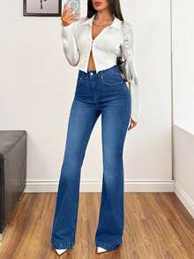 EURMUSE 98%Cotton Blacl Slim Fit Flared Jeans - Dark Wash - View 5