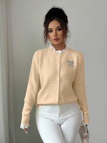 Elenzga Women's Casual Loose Fit Round Neck Ruffle & Butterfly Decor Cardigan Sweater - Khaki - View 3