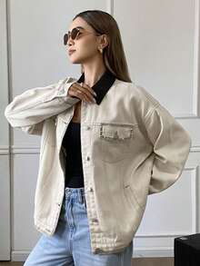 DAZY 西部牛仔拼接撞色铆钉装饰宽松翻领长袖休闲街头秋冬女夹克 - 粉色 - 查看 4