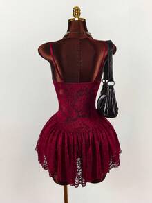 Amplova 女士迷你吊带裙，细肩带，性感前卫透视，适合晚会 - 紅色 - 查看 6