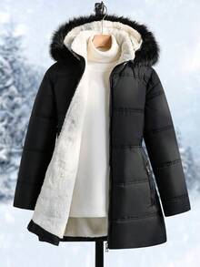 SHEIN Tween Girl Casual Fashionable Quilted Fabric Padded Coat With Drawstring Waist, Hooded Design And Furry Collar, Loose And Comfortable, Suitable For Autumn/Winter Daily, Commuting, Outdoor, Party And Photo Shooting - Black - View 6