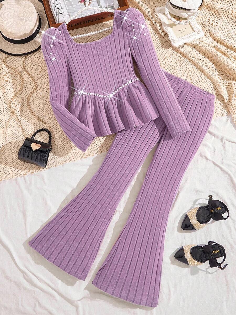 2pcs/Set Girls Elegant Beaded Knit Ribbed Fluffy Puff Sleeve Top And Simple Knit Pants Casual Outfit, Autumn/Winter - Mauve Purple - View 1