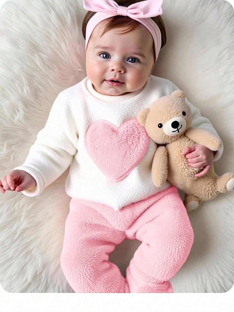 2-Pack Newborn Casual Simple Cute Grab Double-Faced Velvet Material With Heart Pattern Round Neck Sweatshirt And Trousers Set Suitable For New Born Newborn Clothes Birthday Party, Evening Party, Performance, Wedding, Baptism, Opening Ceremony Suitable For Daily Use Suitable For Home Suitable For Travel Suitable For Autumn And Winter Seasons - Baby Pink - View 1