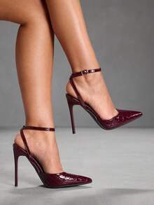 CUCCOO SZL 女士时尚踝带扣尖头细高跟鞋，适合通勤、约会、派对等场合 - 酒紅色 - 查看 7
