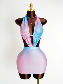 BamGleam The New Style Sexy Sleeveless Neckless Halter Top Revealing Back Openwork Strap Design Mini Shorts Dress For Ladies, With Gradient Coating Printed Fabric, Fashionable And Sexy YK2 Girlie Youthful Energetic Party Dress For Ladies, Suitable For Parties, Bars, Parties And New Year Sexy Formal Dress. - Baby Blue - View 3