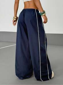 StreetHx Women's Contrast Trim Loose Fit Casual Sports Pants - Navy Blue - View 2