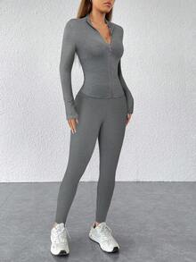 SHEIN PETITE 黑色两件套运动服拉链夹克和紧身裤 - 灰色 - 查看 4