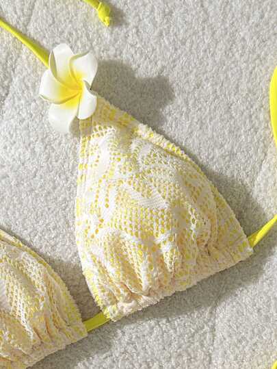 Swim Mod Conjunto de bikini estilo INS para vacaciones en la playa, con decoración floral desmontable y tela de encaje con cordón