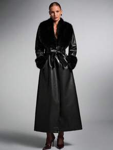 SHEIN BAE Women's Fashion Street PU Leather Patchwork Faux Fur Collar Extra Long Coat, Autumn/Winter - Black - View 5