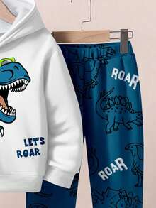 SHEIN Young Boys Casual Loose Comfortable Cartoon Animal Cute Dinosaur Sports Style Graffiti Loose Fit Long Sleeve Hoodie 2 Pieces Set, Suitable For Autumn/Winter Boys Dinosaur Clothes Boys Hoodie And Sweat Pants Kids Hoodies Boys Dinosaur Hoodie And Sweatpants Set Boys Dinosaur Sweatshirt Fall - Multicolor - View 5