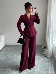 Elenzga petite 2件組女款套裝：酒紅色優雅辦公秋冬長袖翻領金屬扣不對稱下擺西裝外套與鬆緊腰長褲，商務派對適用，適合嬌小女性 - 紫紅色 - 查看 6