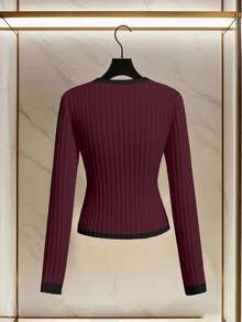 Franclia Sweater Pullover Leher V Berlapis Putih Elegan dan Unik Terbaru untuk Wanita, Musim Gugur/Dingin - Burgundy - View 2