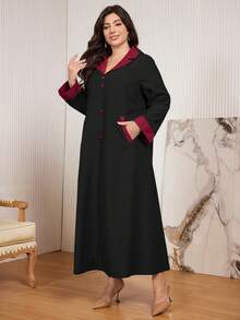 Al Najma Plus Size Casual Color Block Button Decor Long Sleeve Loose Fit Midi Dress, Spring/Autumn - Multicolor - View 4