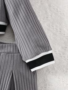 Elladie kids 青少年女孩休闲学院风撞色饰边纽扣前开夹克和迷你裙套装，秋冬 - 灰色 - 查看 6