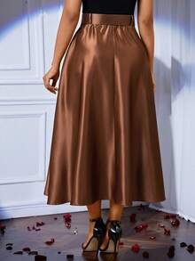 SHEIN Tall CURVE 大码纯色褶裥腰身优雅通勤裙 - 咖啡棕 - 查看 2