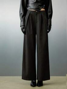 女士条纹蕾丝系带裤，秋冬商务休闲装 - 深灰色 - 查看 7