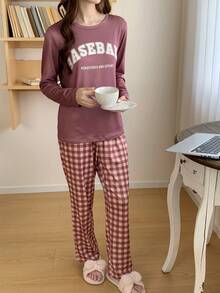 少女休闲字母格子印花柔软舒适两件套家居服套装，长袖睡衣，青少年长袖睡衣套装，女士睡衣套装，格子睡裤 - 咖啡棕 - 查看 6