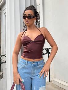 Flirla Women's Sexy Y2K Camisole Top With Metal Buckle Decor - Burgundy - View 4