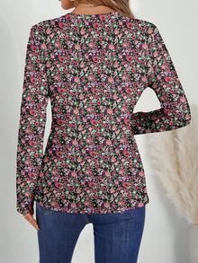 EMERY ROSE Áo thun nữ tay dài cổ chữ V họa tiết hoa, phù hợp cho mùa xuân và mùa thu - Nhiều màu - Xem 2