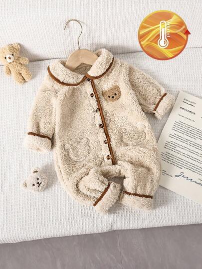 SHEIN 1件女婴针织加厚连体衣，0-3岁儿童长袖翻领撞色连体衣，胸前小熊图案甜美可爱，适合户外活动、家庭聚会、秋冬季穿着。