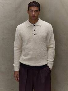 Musero Men Boxy Long Sleeve Mohair Polo Collar Sweater Autumn Winter - Camel - View 1