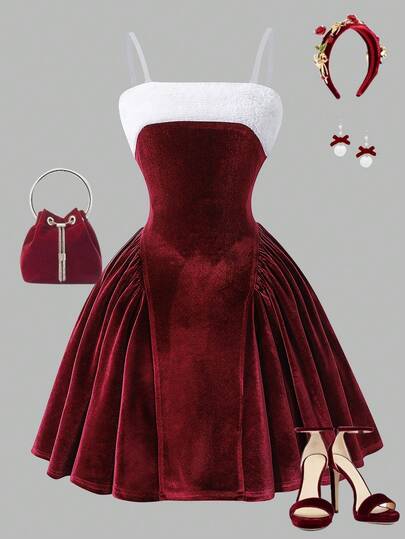 SHEIN Tween Girl Christmas Party Patchwork Fluffy Umbrella Hem Plush Slip Dress, Autumn/Winter