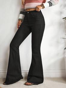 EMERY ROSE Women's Casual Washed Slim Fit Flare Leg Jeans Flared Jeans For Women Black Flared Pants Wide Leg Jeans, Tall Women - Black - View 4