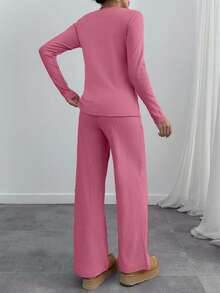 EURMUSE Solid Color Knit Top And Pants Set, Casual For Autumn/Winter - Pink - View 2