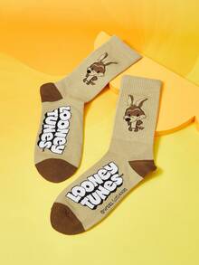 LOONEY TUNES X SHEIN Women's Comfortable Soft Cute Letter & Cartoon Pattern Crew Socks - Coffee Brown - View 2