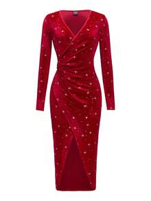 Women's Mid-Length Dress, Women's Slim Fit Elegant Red Sequin Dress, High Slit Dress, Sequin Dress, Christmas - Multicolor - View 4