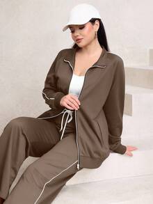 Mulvari 2pcs Set Women Raglan Sleeve Zip-Up Colorblock Elegant Cardigan And Pants - Khaki - View 4