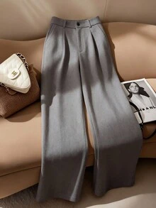 Franclia Plus Size Women's French Style Casual Elegant Loose Straight Leg Pants, Autumn/Winter - Grey - View 3