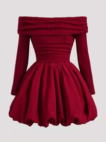 SHEIN Tween Girls Ribbed Texture Off Shoulder Ruched Long Sleeve Bubble Dress, Suitable For Party, Outing, Princess Style Fall Dresses Dress Red Christmas Dress Red Outfit Rich Girl Outfit - Burgundy - View 4