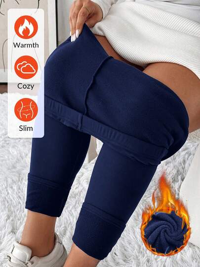 SHEIN LUNE Leggings casuales de talla grande para mujer con cintura elástica y forro térmico, leggings cortos de otoño/invierno para mujer, lindos pantalones inferiores para mujer, leggings cómodos con forro térmico, leggings cálidos para mujer