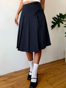 SHEIN EZwear Chân váy midi xếp ly nơ xanh navy thường ngày cho nữ - Màu xanh hải quân - Xem 4