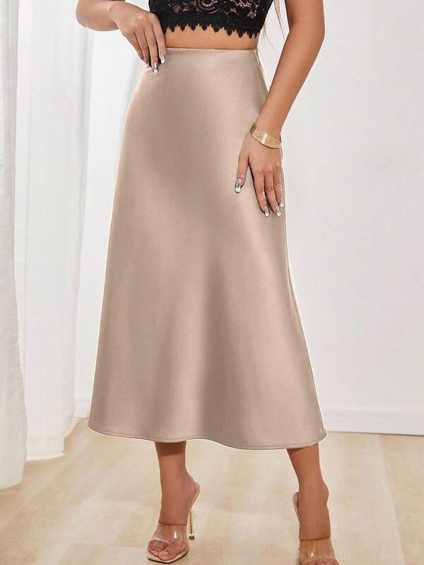 SHEIN PETITE Falda de satén elegante y versátil para mujer