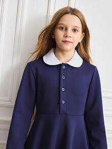 Tween Girl Colorblock Peter Pan Collar Raglan Sleeve Half-Placket Ruffle Hem Fashion Dress - Navy Blue - View 5