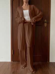 DAZY 2pcs Minimalist Soft Belted Robe & Straight Leg Pants Loungewear Set, Winter Clothes - Brown - View 4