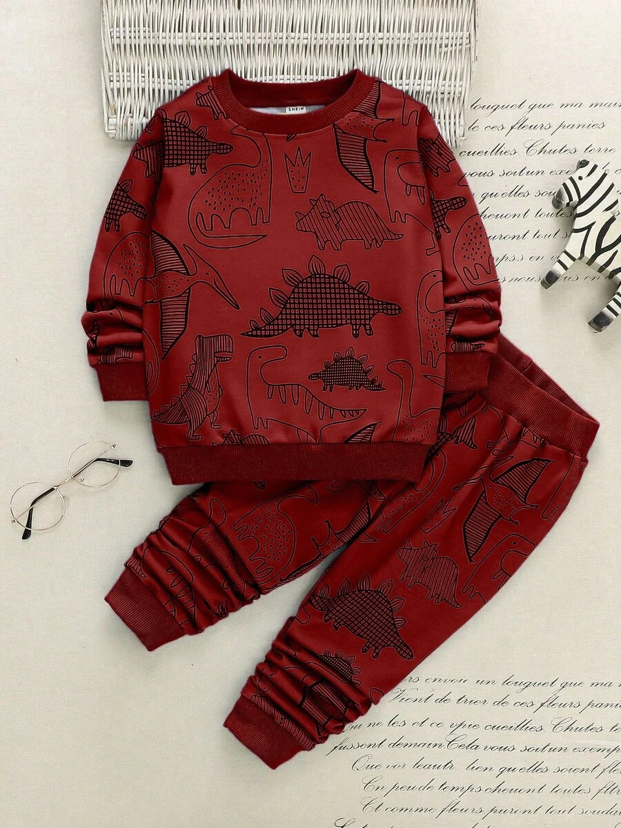 SHEIN 2pcs Toddler Boys Dinosaur Print Crew Neck Long Sleeve Top And Pants Set - Multicolor - View 1