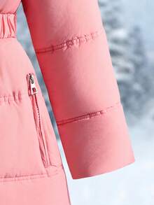 Abrigo acolchado con capucha y cuello de piel para niñas, con cinturón elástico en la cintura, bolsillos y diseño con cremallera, corte holgado, cómodo para otoño/invierno, adecuado para uso diario, ir al trabajo, actividades al aire libre, fiestas y sesiones de fotos - Rosa - Ver 5