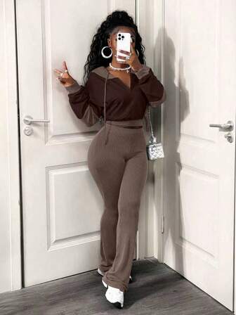 BamGleam 2 piezas Conjunto de top con capucha de manga larga y color block y pantalones de unicolor para mujer