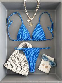 SHEIN Swim Summer Beach Zebra Stripe Triangle Bikini Set - Royal Blue - View 1