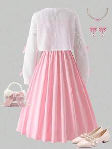 Sparklyn Teen Girl Pink Bowknot Camisole Dress + White Butterfly Knit Long Sleeve Shawl Cardigan, Chic & Fashionable, Suitable For Party, Daily Wear, Gathering - Pink - View 2