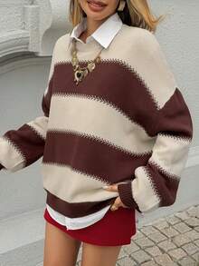 DAZY Áo len dệt kim dài tay cổ tròn dáng rộng, vai trễ, họa tiết sọc cho nữ - Rỉ Nâu - Xem 6