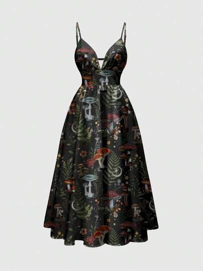 Fairycore Mushroom Romantic Forest Print Spaghetti Strap Sexy Low-Cut Women Dress