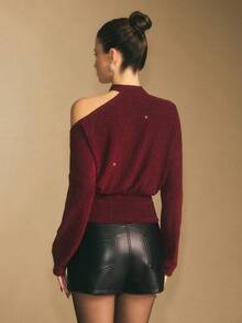 Poéselle 女士优雅腰部收腰斜肩长袖上衣，秋季 - 紅色 - 查看 2