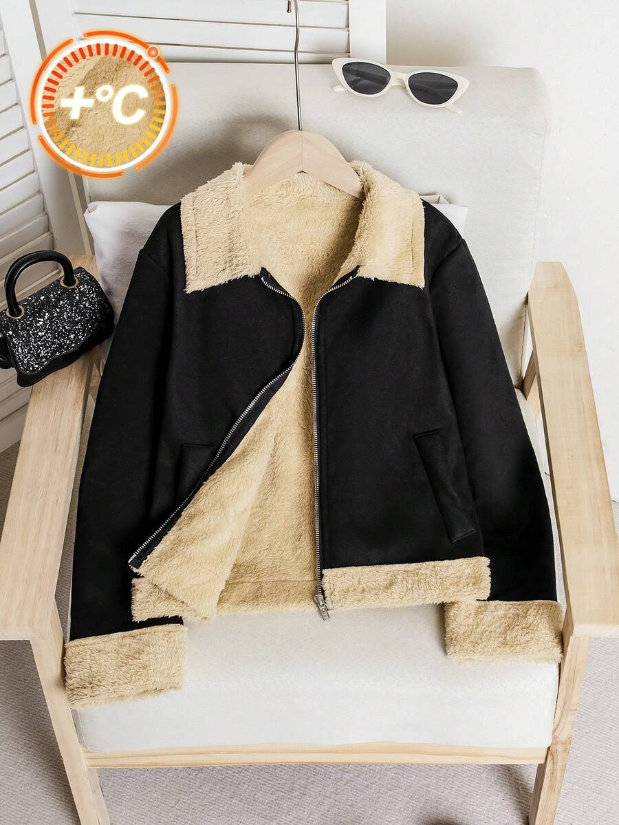 少女仿麂皮复合面料柔软保暖内衬黑色长袖翻领时尚复古外套,适合秋冬季穿着 - 黑色 - 查看 1