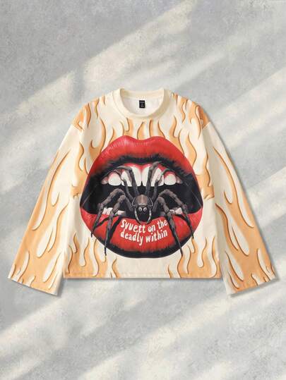 Street Life Men's Casual Fashionable Street Spider, Red Lip, Flame Print Long Sleeve T-Shirt, Spring/Autumn