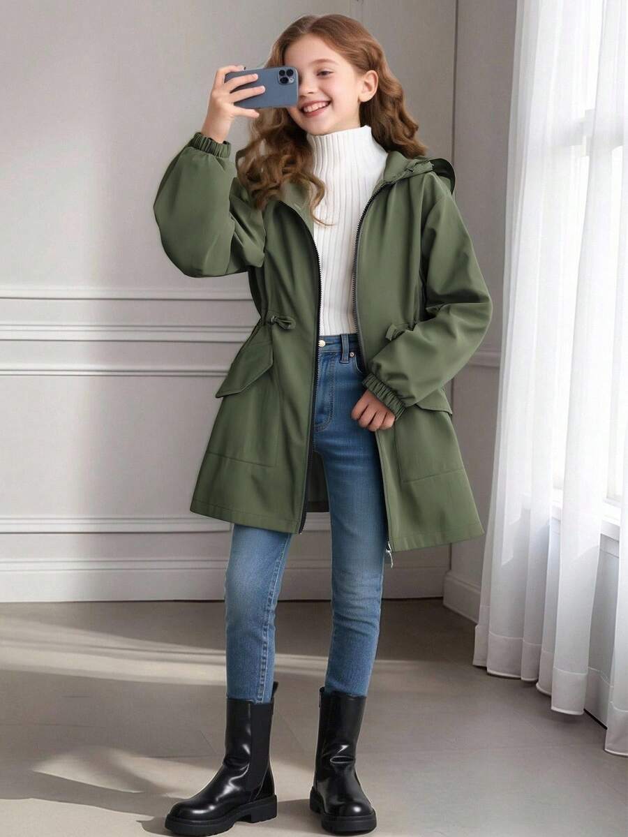 少女束腰连帽轻薄中长款夹克，适合秋季日常穿着 - 軍綠色 - 查看 1